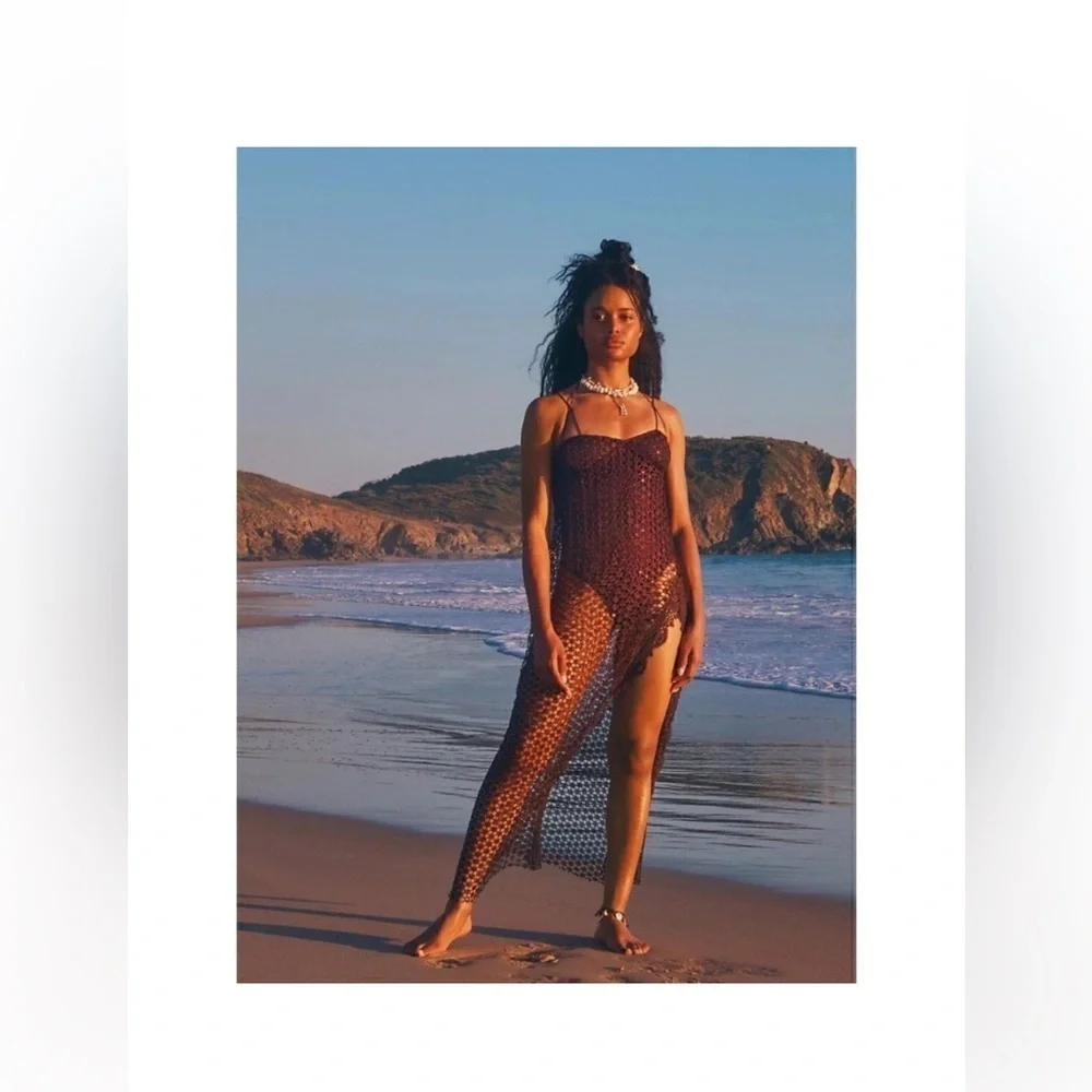 Free People Brown Crochet Asymmetrical Beach Cover Up Dress Boho Resort Small - Picture 10 of 14